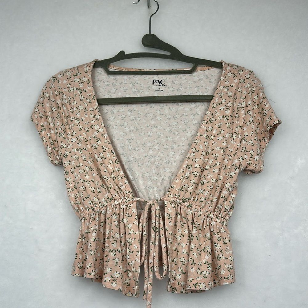 Pacsun Womens Floral Print Peplum Pink Crop Top Tie Front Sz S Short Sleeves